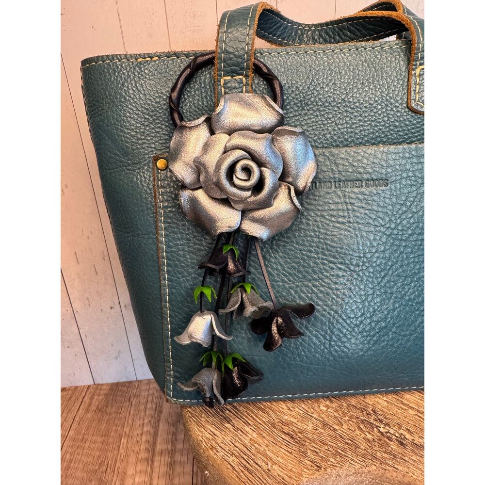 Rose Purse Charm Genuine Leather Silver Rose Summer Flower Bag Charm FAST SHIP